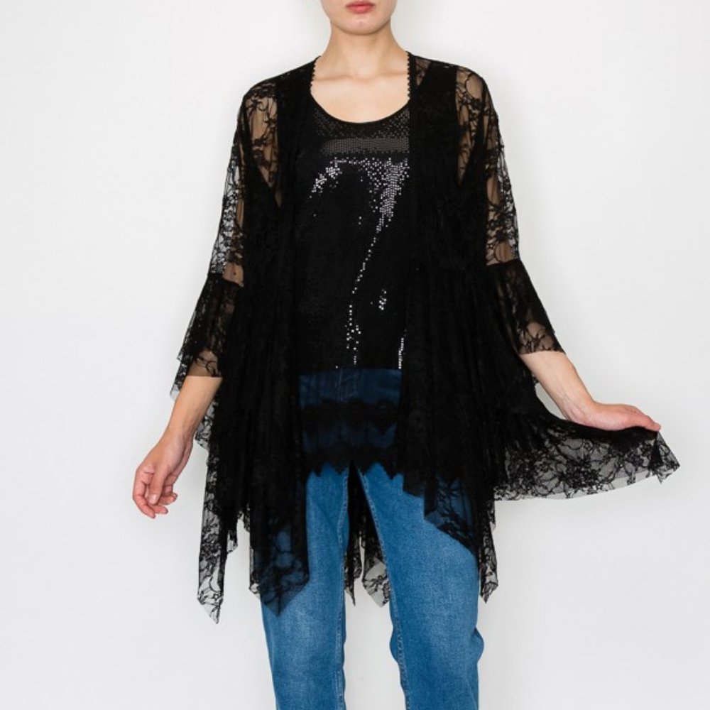 NEW ORIGAMI all lace black cardigan kimono wrap Bohemian western MAGNOLIA SM-3X